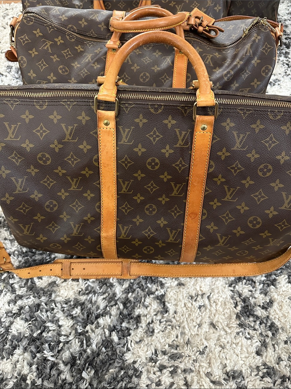 Bandouliere Louis Vuitton Monogram Brown Duffel with Tan Leather Trim and Strap